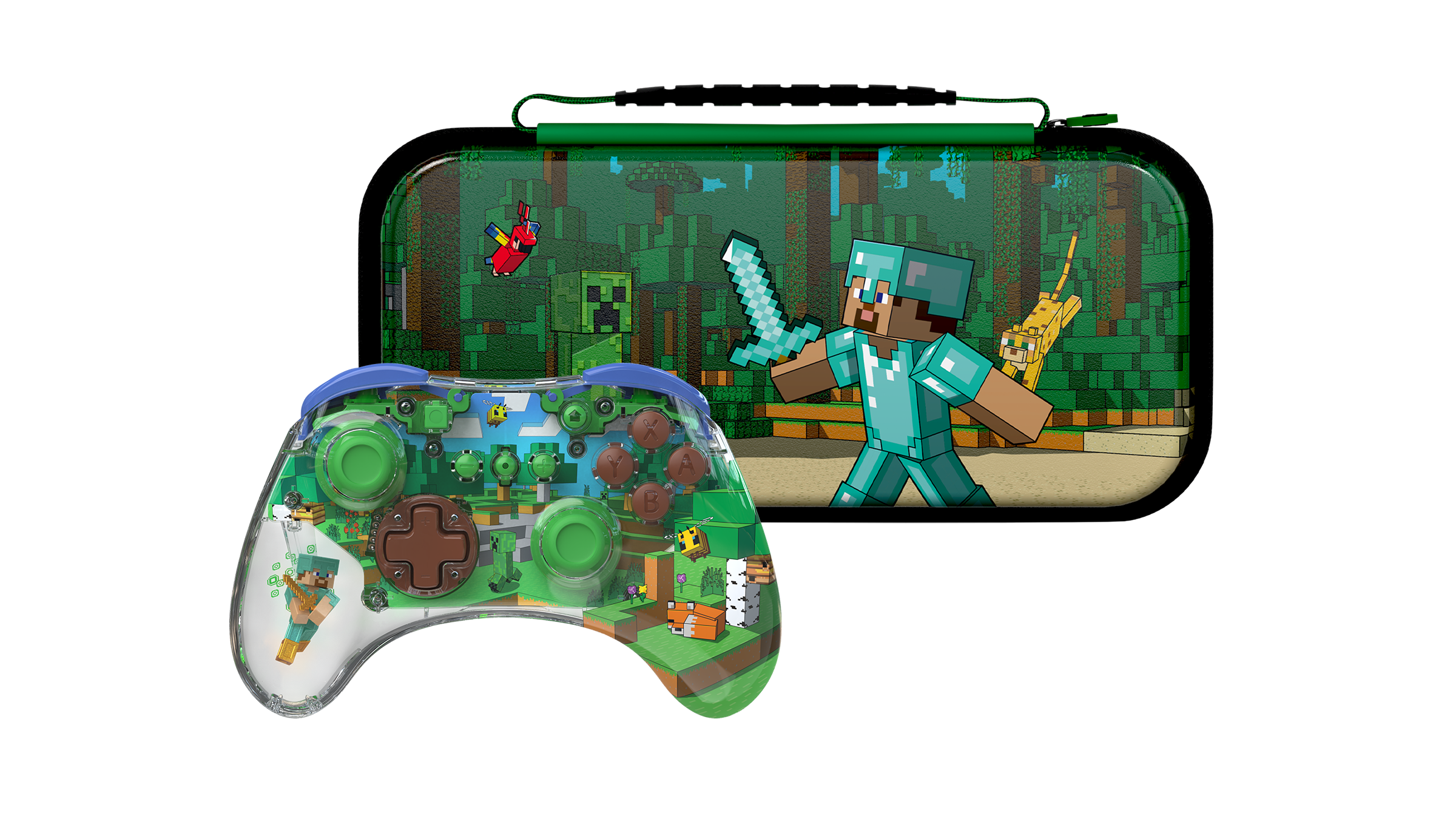 Controller - PDP REALMz Wireless-ontroller: Minecraft Forest Biome + Travel-ase Plus Minecraft Forest Battle for Nintendo Switch Bundle